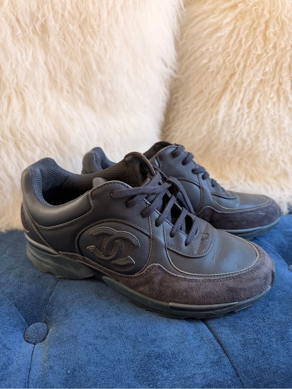 Chanel Navy Blue Leather & Suede Sneaker
